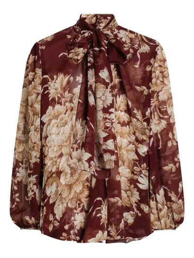 Dolce & Gabbana Chiffon Shirt With Rose Print In Burgundy