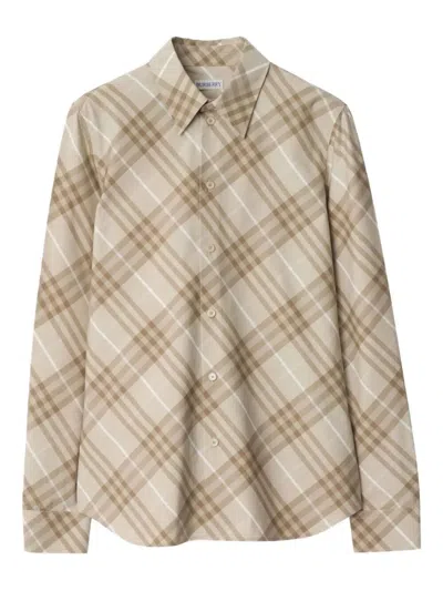 Burberry Women Beige Shirt With Pointed Collar And All-over Check Motif In Cotton Woman In Brown