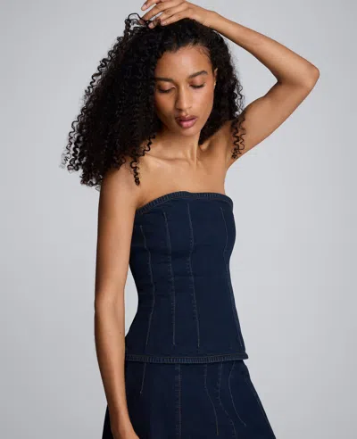 Kenneth Cole Denim Bustier Top With Smocking In Blue