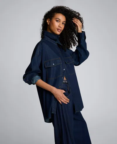 Kenneth Cole Drapey Denim Button Up Oversized Shirt In Blue