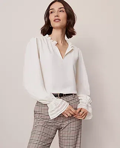 Ann Taylor Petite Ruffle Neck Blouse In White