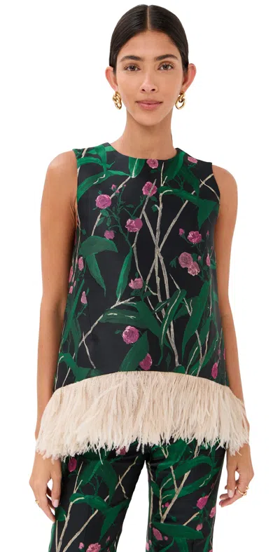 La Doublej Icon La Scala Feather-trimmed Floral-jacquard Top In Multi
