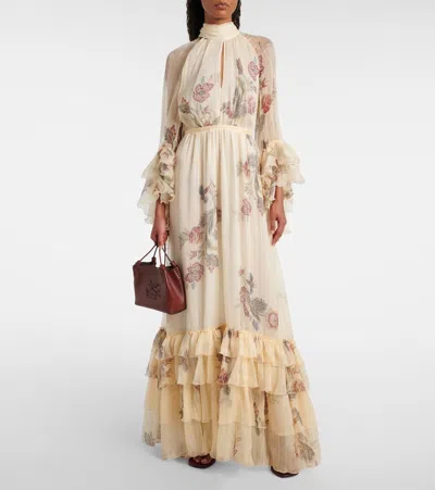 Etro Tiered Tie-neck Floral-print Silk-crepon Maxi Dress In Neutral