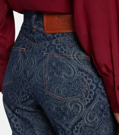 Etro Flared Jacquard Denim Jeans With Pegaso Buttons In Blue