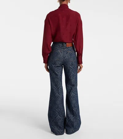 Etro Flared Jacquard Denim Jeans With Pegaso Buttons In Blue