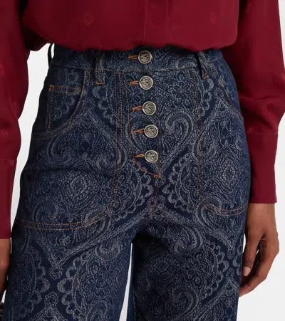 Etro Flared Jacquard Denim Jeans With Pegaso Buttons In Blue