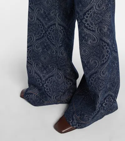 Etro Flared Jacquard Denim Jeans With Pegaso Buttons In Blue