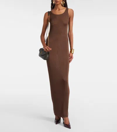 Saint Laurent Sleeveless Scoop Neck Ribbed Maxi Dress In Brown