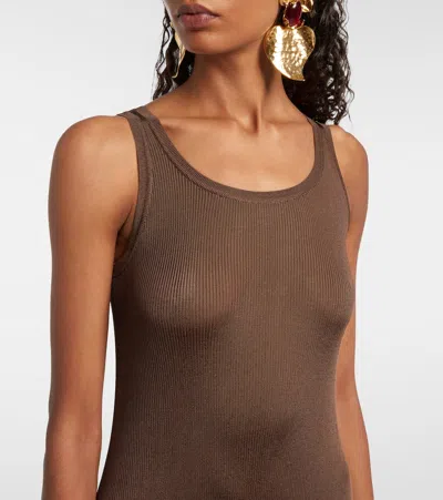 Saint Laurent Sleeveless Scoop Neck Ribbed Maxi Dress In Brown