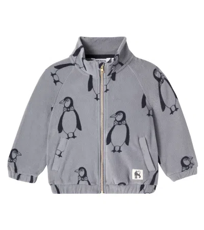 Mini Rodini Penguin Printed Fleece Zip-up Sweatshirt In Gray