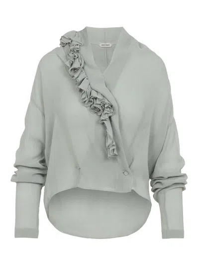 Alberta Ferretti Light Gray Ruffle Blouse With Deep V-neckline In White