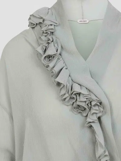 Alberta Ferretti Light Gray Ruffle Blouse With Deep V-neckline In White