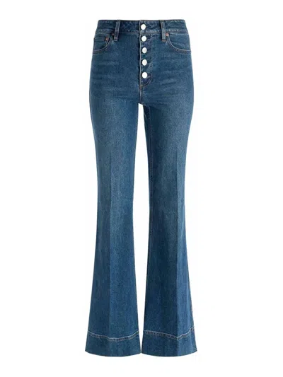 Alice And Olivia Missa High Rise Exposed Button Wide Leg Jeans In Lola Blue In Blue