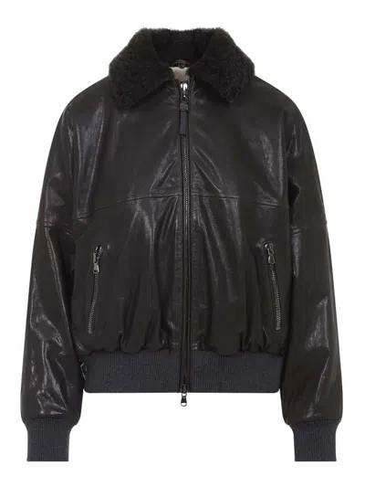 Brunello Cucinelli Leather Jacket With Shearling Collar In Black