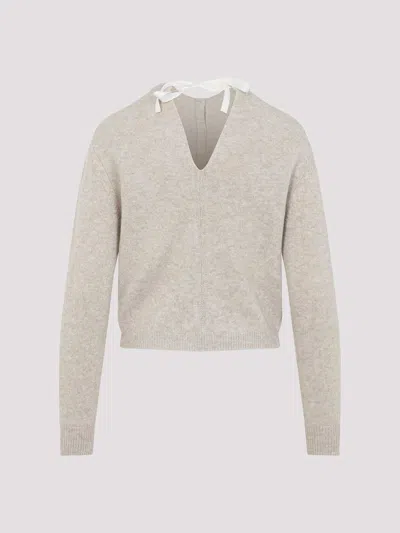 Carven Cashmere Button-up Sweater With Delicate Tie Detail In Neutral