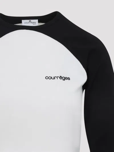 Courrèges Long-sleeved Contrast T-shirt With Rounded Hem And Logo Print In White