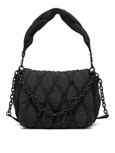 Diesel Charm-d M-shoulder Bag In Quilted Nylon In Black
