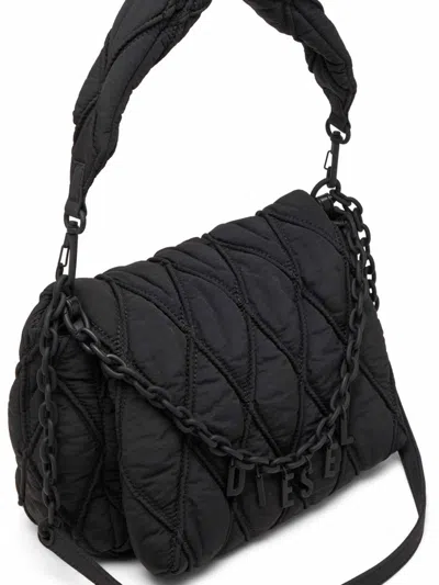 Diesel Charm-d M-shoulder Bag In Quilted Nylon In Black