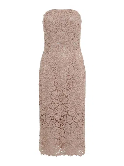 Ermanno Scervino Strapless Midi Dress With Floral Embroidery In Brown
