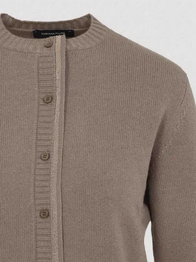 Fabiana Filippi Wool Blend Crew Neck Jacket With Embellished Placket In Brown