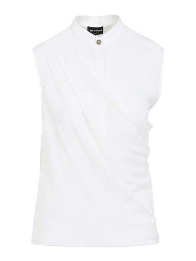 Giorgio Armani Draped Silk Shirt Korean Collar In White