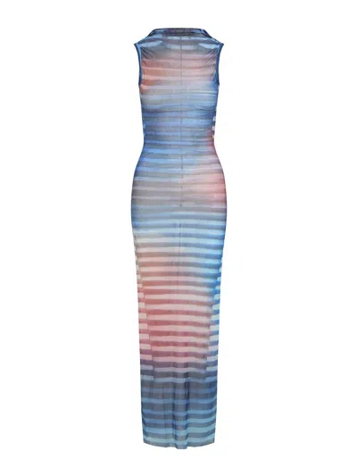 Jean Paul Gaultier Mesh Printed "air" Long Dress In Blue