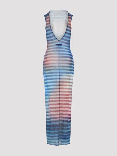 Jean Paul Gaultier Mesh Printed "air" Long Dress In Blue