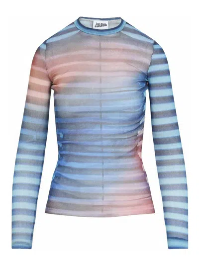 Jean Paul Gaultier Air Print Striped Mesh Crew Neck Top In Blue