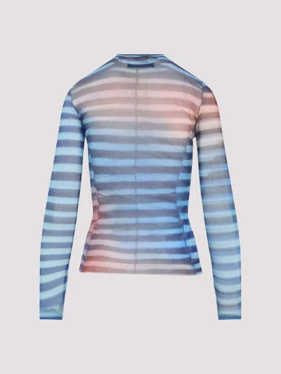 Jean Paul Gaultier Air Print Striped Mesh Crew Neck Top In Blue
