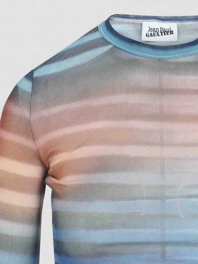 Jean Paul Gaultier Air Print Striped Mesh Crew Neck Top In Blue