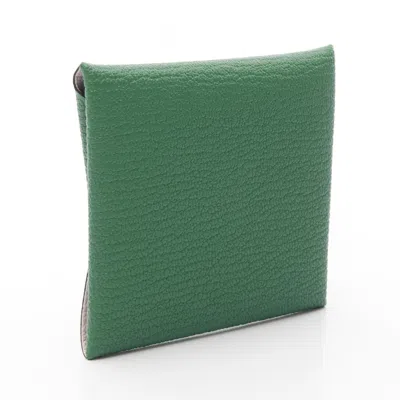 Pre-owned Hermes Bastia Green Pink Chevre Leather Coin Purse/coin Case ()