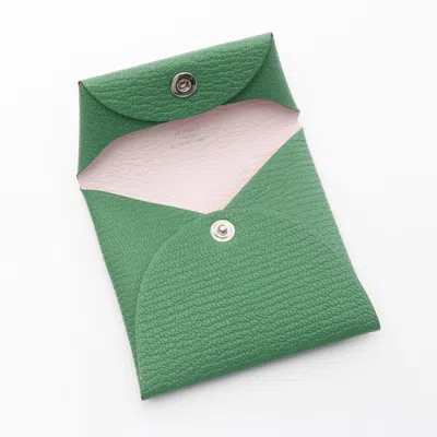 Pre-owned Hermes Bastia Green Pink Chevre Leather Coin Purse/coin Case ()