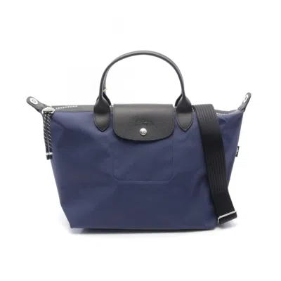 Pre-owned Longchamp Black Navy Nylon Leather Tote Bag ()