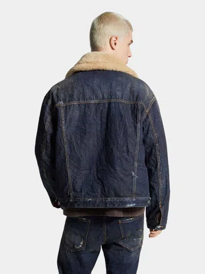 Dsquared2 Denim Aviator Jacket With Shearling Collar And Distressed Finish In Blue