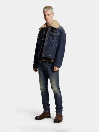 Dsquared2 Denim Aviator Jacket With Shearling Collar And Distressed Finish In Blue