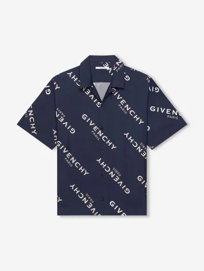 Givenchy Convertible-collar Logo-print Silk-twill Shirt In Blue