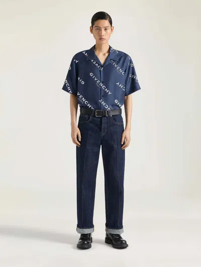 Givenchy Convertible-collar Logo-print Silk-twill Shirt In Blue
