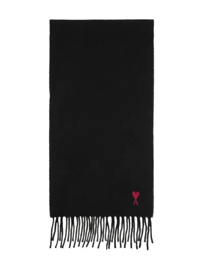 Ami Alexandre Mattiussi Ami Paris Ami De Coeur Wool Scarf With Fringed Edges In Black