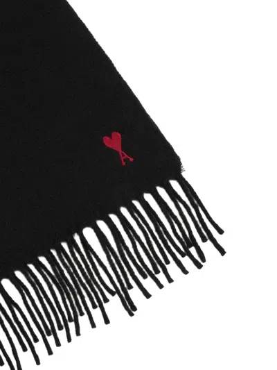 Ami Alexandre Mattiussi Ami Paris Ami De Coeur Wool Scarf With Fringed Edges In Black
