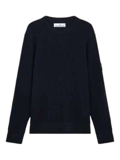 Stone Island Ribbed-knit Virgin Wool Sweater With Signature Patch In Blue