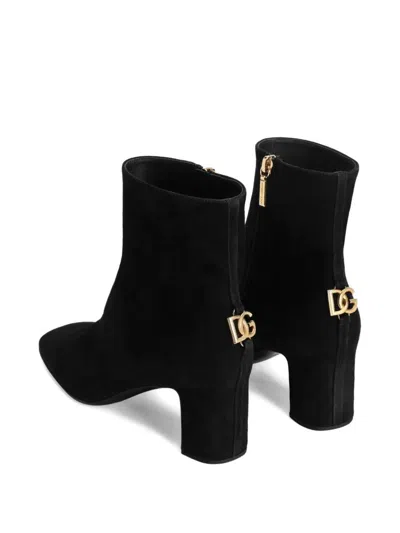 Dolce & Gabbana Black Ankle Boots With Dg Logo Plaque On The Back In Suede Woman In Black