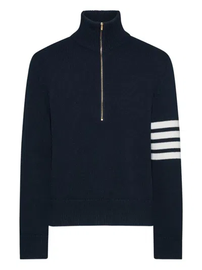 Thom Browne Jersey Stitch Funnel Neck Half Zip Pullover In Merino Wool With 4 Bar Stripe Clothing In Blue