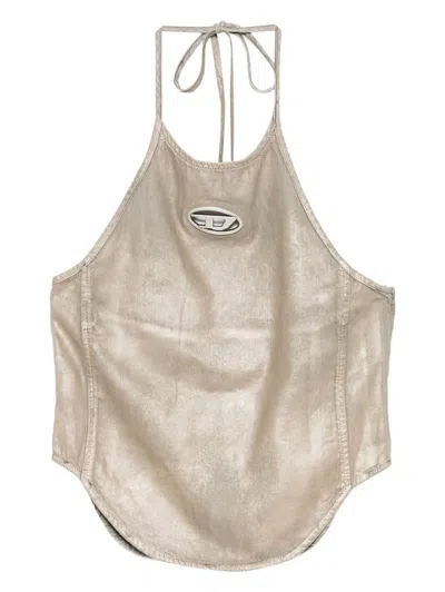 Diesel Halterneck Top With Curved Hem And Shine In Gold