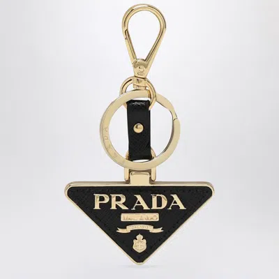 Prada Logo Triangle Metal And Leather Key-ring In Black