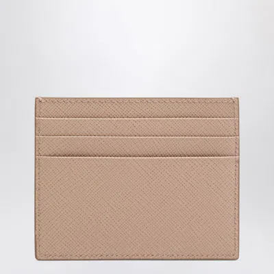 Prada Powder Pink Leather Card Holder In Brown