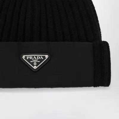 Prada Wool And Re-nylon Hat With Triangle Logo In Black