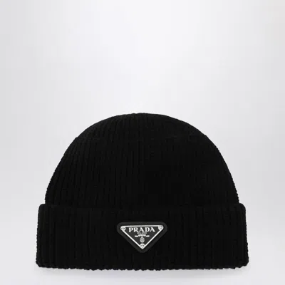 Prada Wool Blend Beanie Hat With Ribbed Knit In Black