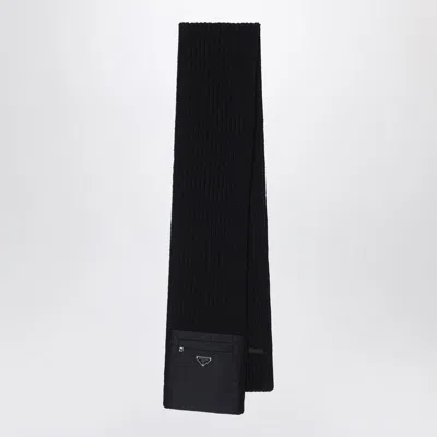 Prada Black Wool Scarf With Re-nylon Pocket Men In Blue