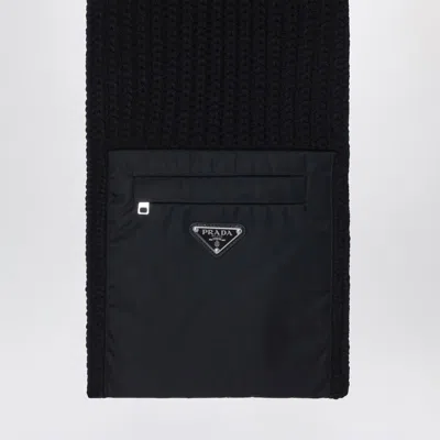 Prada Black Wool Scarf With Re-nylon Pocket Men In Blue