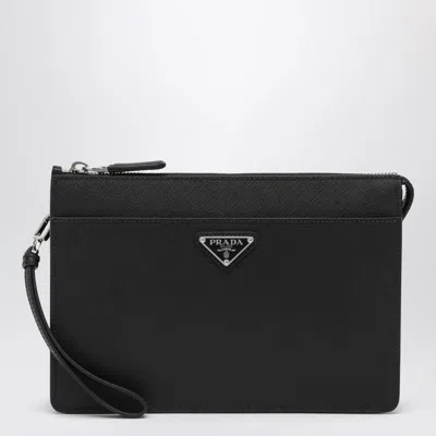 Prada Mens Black Logo-plaque Saffiano-leather Pouch In Black